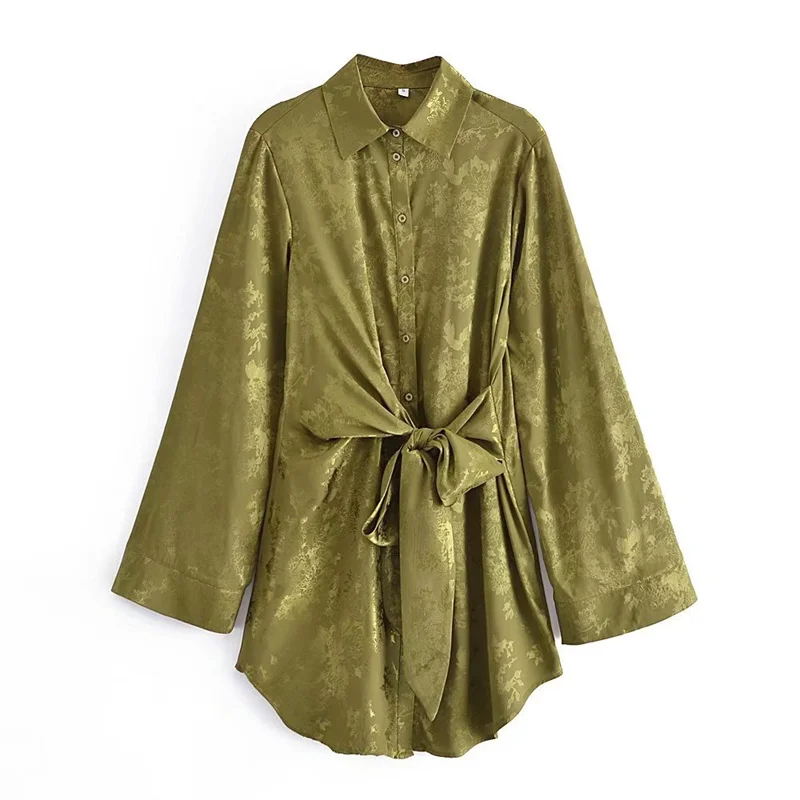 

MESTTRAF Women 2021 Fashion Soft Touch With Belted Shirt Mini Dress Retro Lapel Long Sleeve Slim Dresses Streetwear
