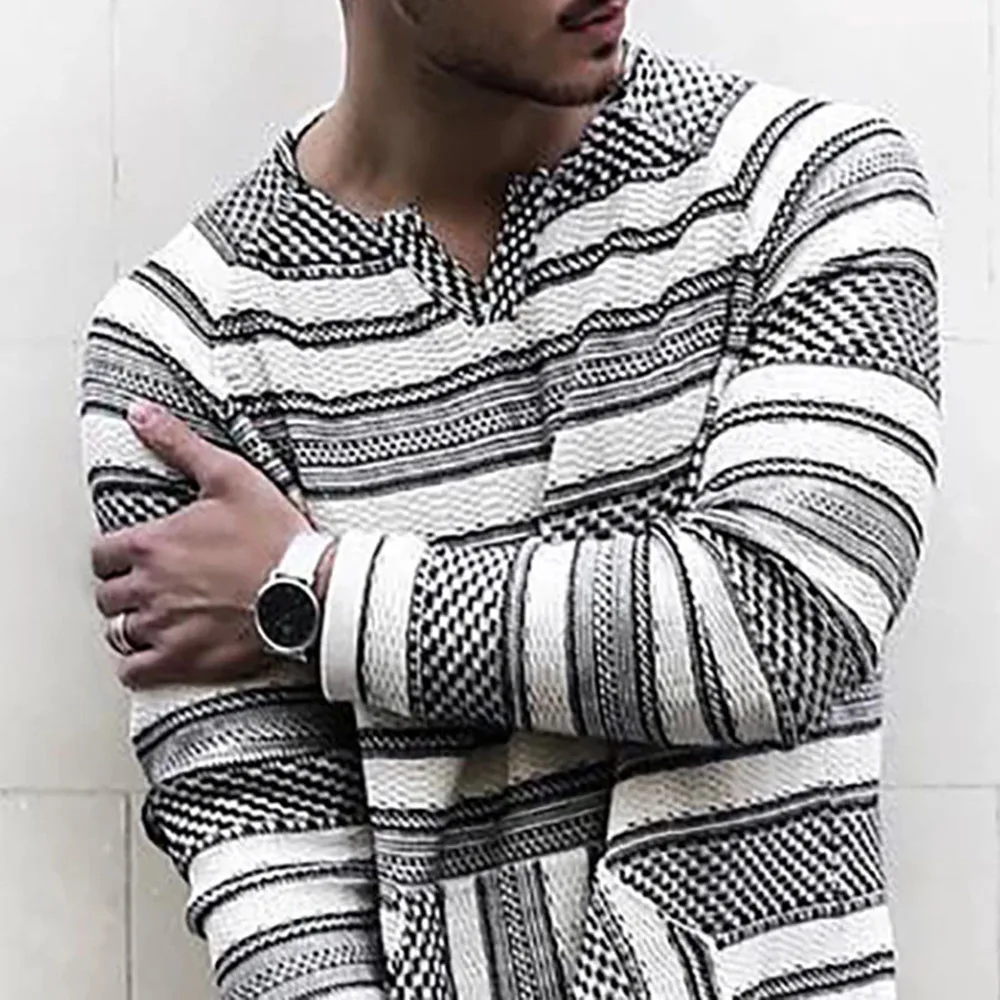 

Casual Men T-shirt Autumn Spring 2021 Stripe Print Slim Long Sleeve T Shirts Basic Pullover Simple Tops Male Shirt