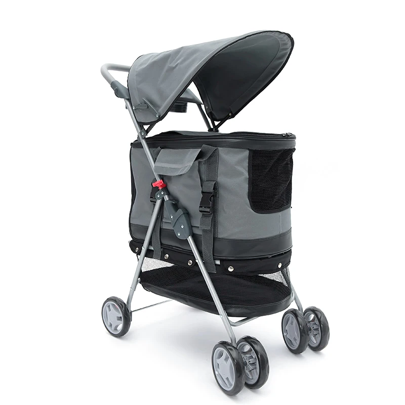 Folding Pet Stroller Lightweight Dog Four-wheeled Cart Rainproof Sunscreen Pet Supplies 600D Oxford Cloth with Removable Canopy