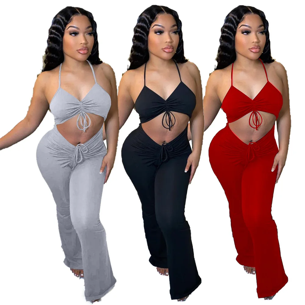 

2021 Summer New Women Fashion Sexy Ruffled Lace-up Micro-flared Jumpsuit Solid Color High Waist Women's Clothing