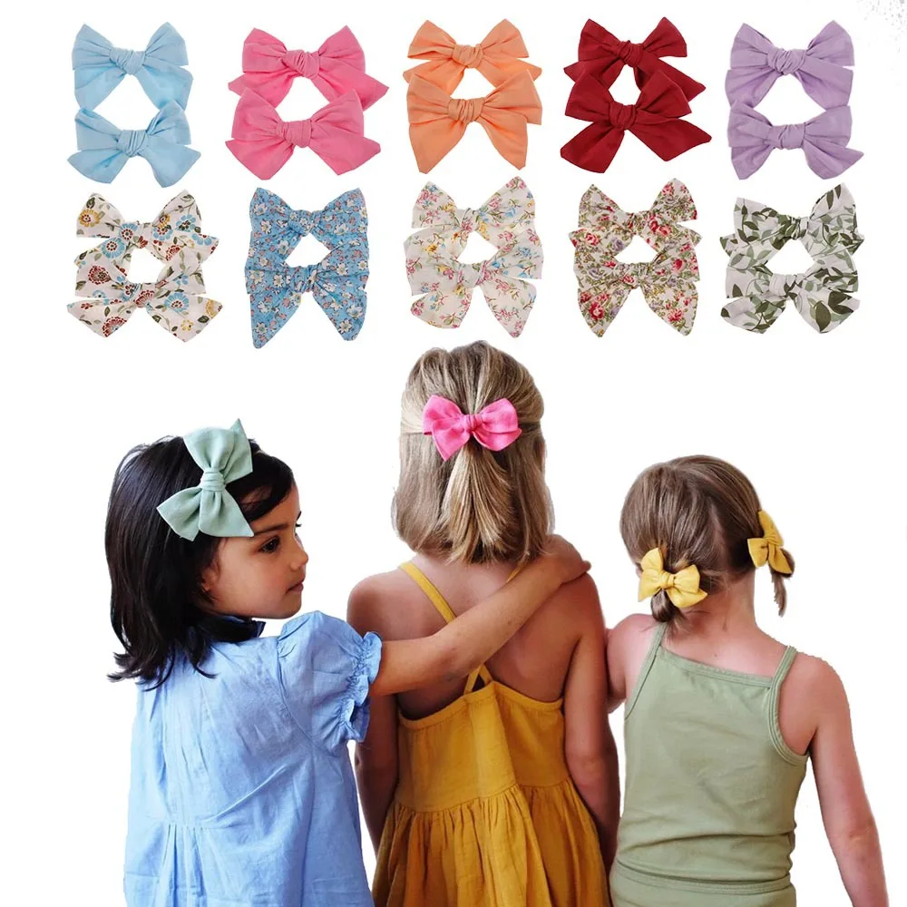 

1 Pair Children's Print Clips 2021 New Baby Cotton and Hemp Bow Clip Girl's Hair Accessories Large Bow Clip