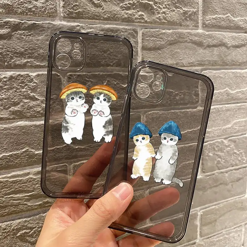 

cat illustration mushroom bear panda Phone Case For iPhone 12 11 8 7 se 2020 mini pro X XS XR MAX Plus Black Transparent Cover
