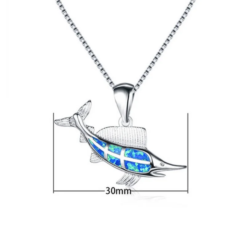 

Fashion Woman Silver Fish Charm Blue Simulated Opal Pendant Necklace Jewelry