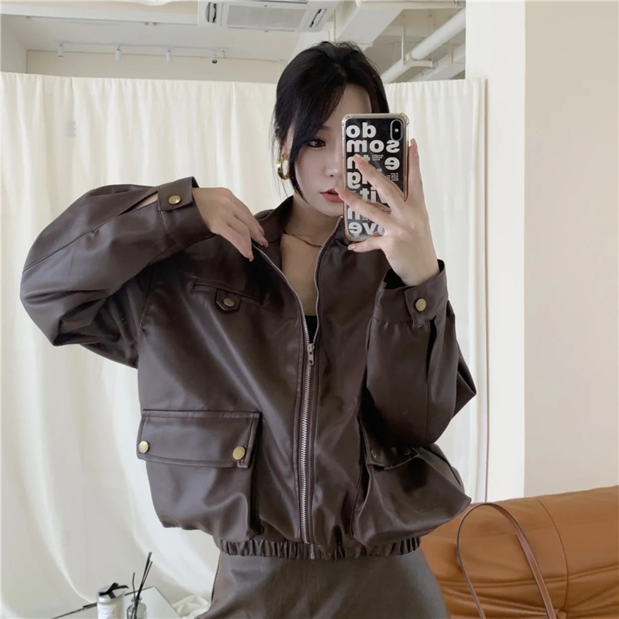 Осенние винтажные женские пальто из искусственной кожи с отворотом и двойными