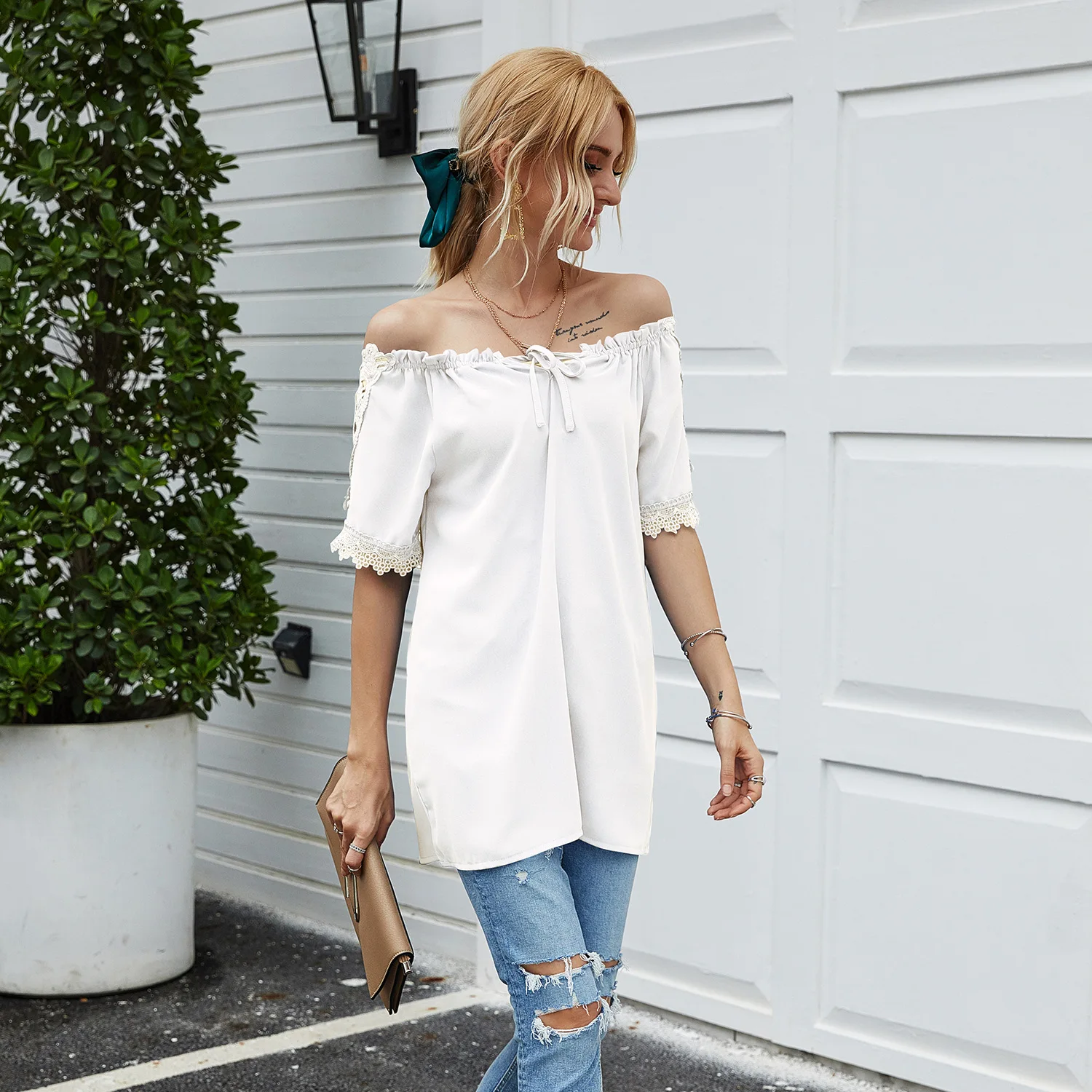 

2021 Summer Women's Solid Color Stitching Lace One-Shoulder Hedging Casual Short-Sleeved T-shirt Loose