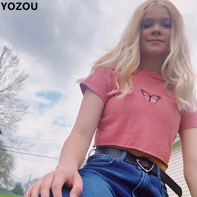 Женский винтажный топ с коротким рукавом розовый укороченный в стиле 90-х