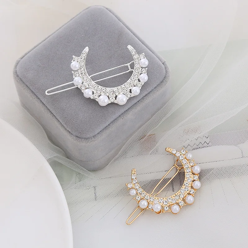 Korean exquisite girl rhinestone pearl hairpin super fairy celebrity wind outside the card moon bangs side clip headdress