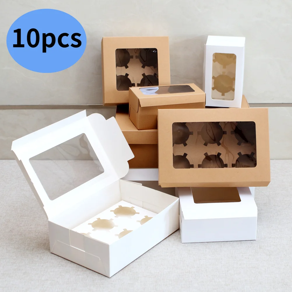 

10Pcs Kraft Paper Cupcake Packing Box with Window Cardboard Cake Muffin Cookies Candy Box Wedding Party Birthday Favors 4 Sizes