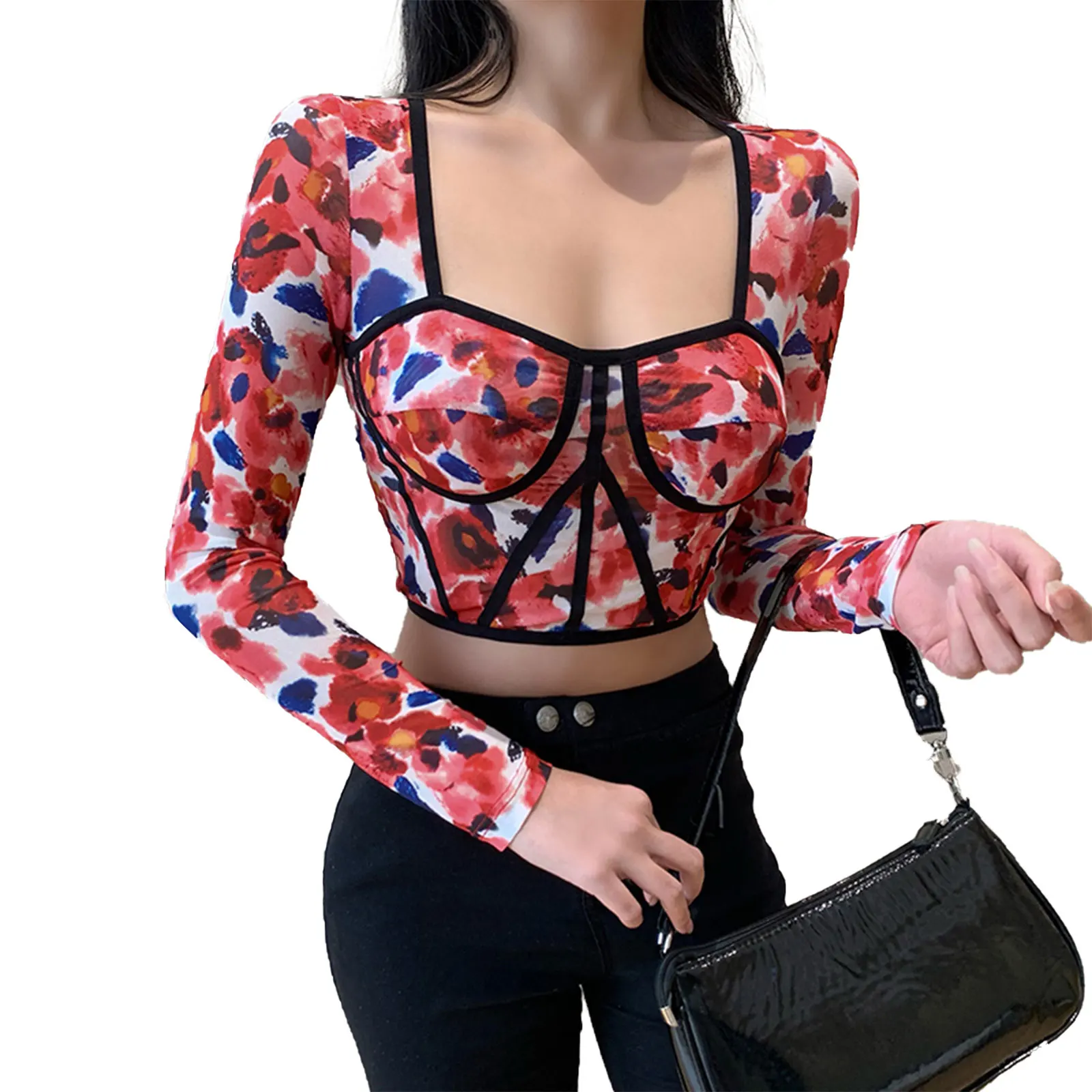 

Women Square Neck Printed Bustier Tops, Sexy Wrap Bust Pattern Long Sleeve Corset Crop Tops