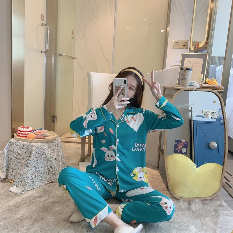 

Hot Ladies Lapel Cardigan Milk Fiber Cartoon Casual Pajamas Suit