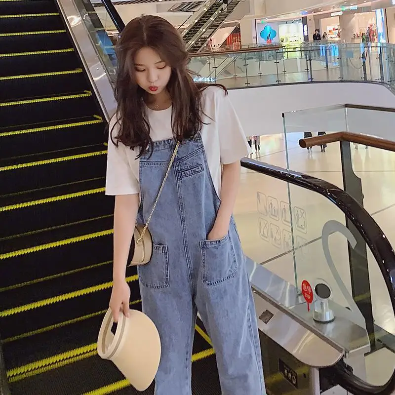 

Jumpsuits Women Ankle-length Denim Pockets Spring Fall New Fashion Ulzzang Students BF Harajuku Straight Trousers Strap Loose