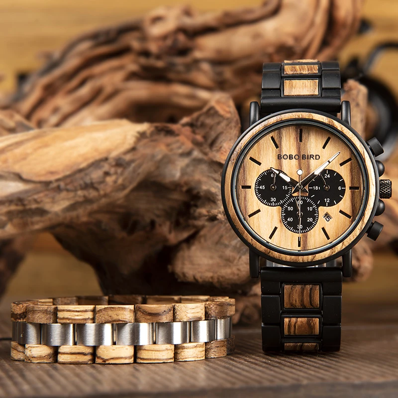 

BOBO BIRD Wood Watch Men Quarzt Wristwatch Male Wooden Bracelet Show Date and Week Timepieces in Gifts Wood Box reloj hombre