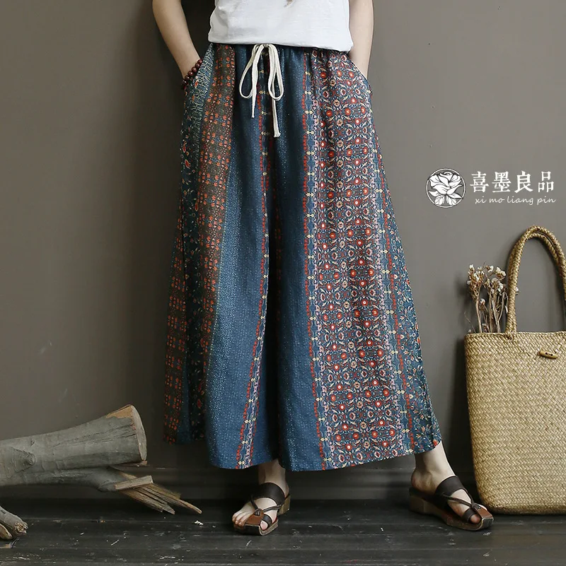 

1892 New Retro All-Match Elastic Waist Drawstring Loose Wide-Leg Pants Ramie Print Autumn Women's Culottes Pantskirt