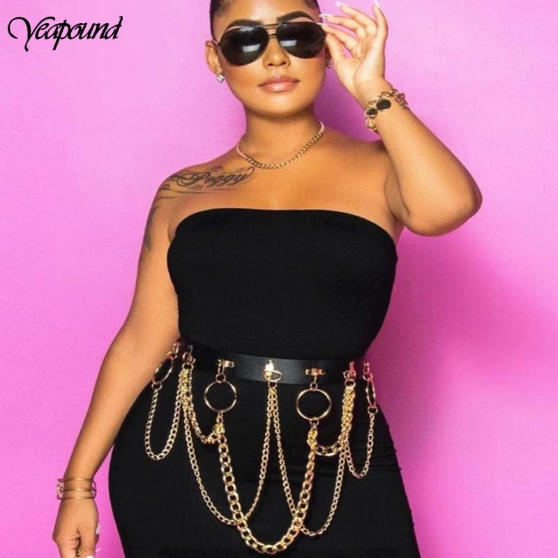 

Woman New Trend Personality Wild Punk Gothic Faux Leather Belt Metal Chain Ring Waist Strap Street Belt