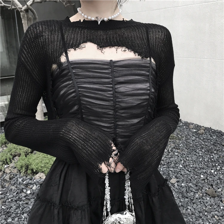 

Новинка, футболки Ruibbit в стиле панк с цепочкой и О-образным вырезом, готическая Сексуальная женская футболка с длинным рукавом в стиле гранж, черного цвета, весна-осень