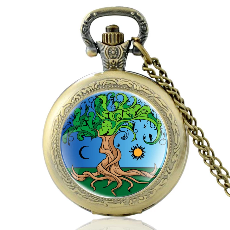 Солнце и луна Дерево жизни стекло кабошон кварцевые карманные часы винтажные мужские женские кулон ожерелье часы подарки