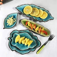 lake blue 10 inch creative ceramic leaf fruit sushi salad plate long square dish lotus large practical snack plate