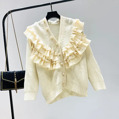 apricot cardigan Woherb свитер с v-образным вырезом женский кружевной кардиган с оборками в стиле пэчворк пальто корейские Модные Топы Верхняя одежда Sueter Mujer 90763 - Цвет: apricot cardigan
