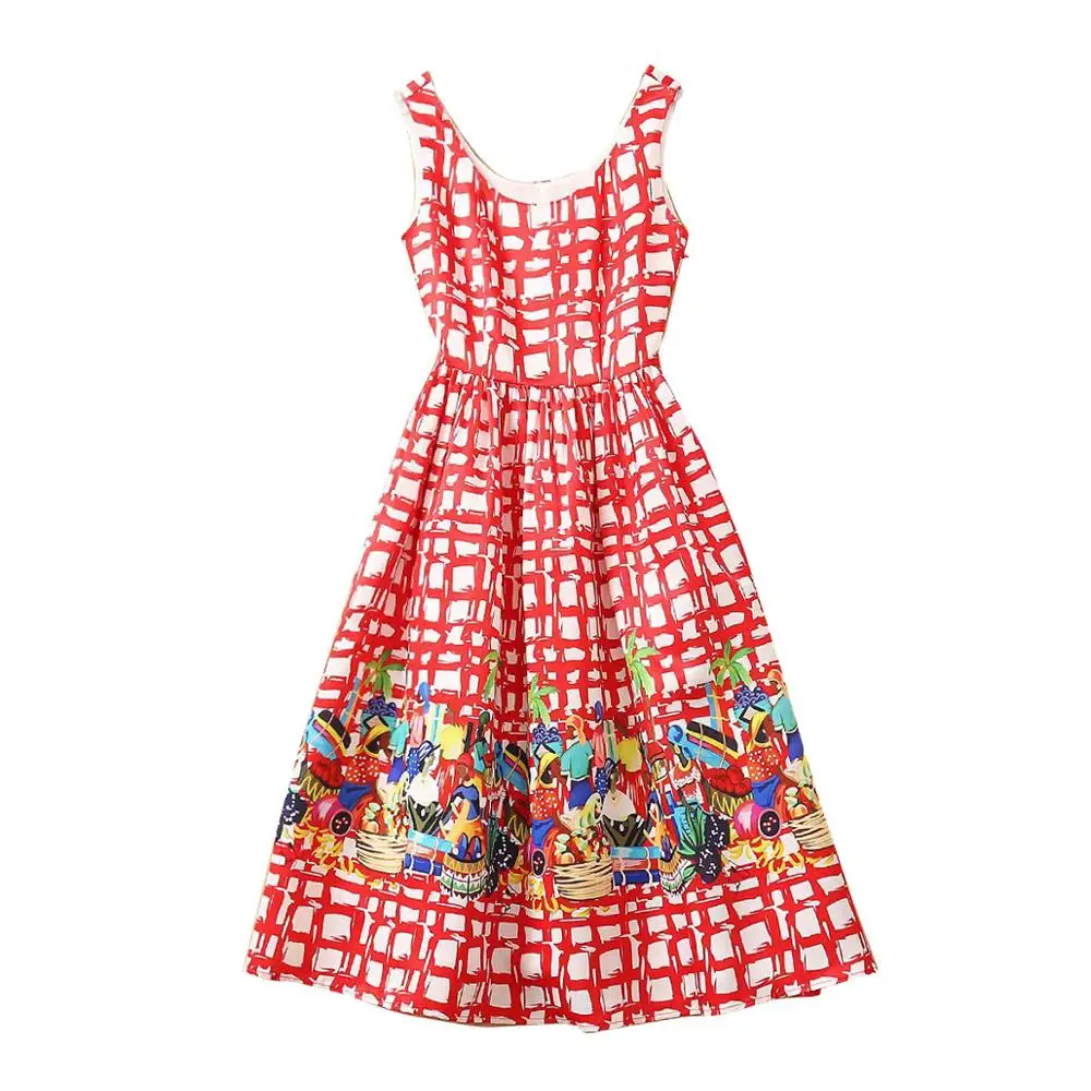 

AELESEEN Runway Fashion Summer Dress Women Spaghetti Strap Red Plaid Cartoon Print Elegant Knee-Lenght Party Holiday Dress