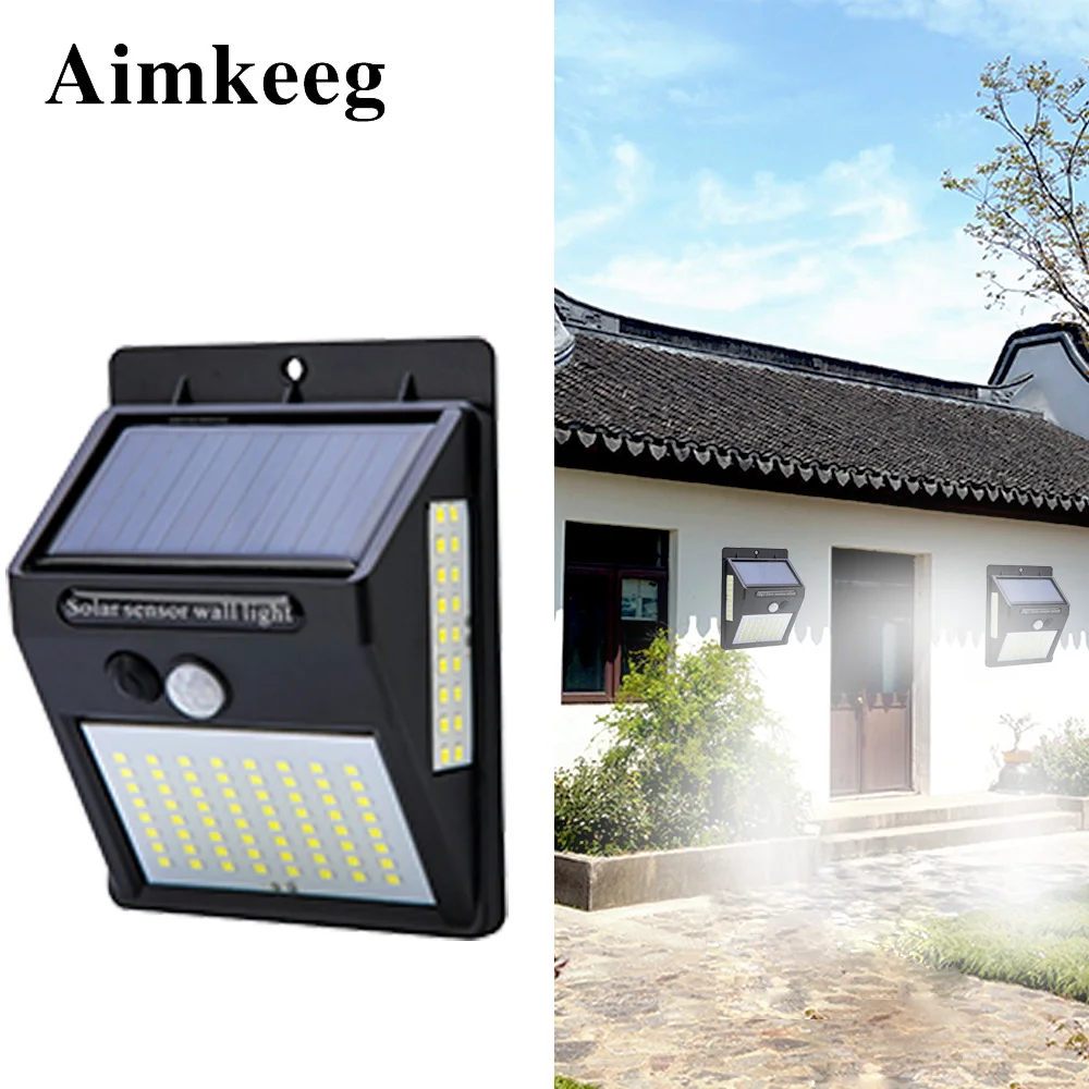 Светодиодный уличный садовый светильник на солнечной батарее, 100 светодиодов, настенный светильник с PIR-датчиком, водонепроницаемый фонарь ...