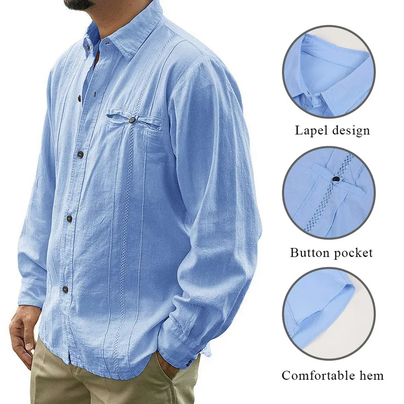 OEAK мужские рубашки свободного кроя в Кубинском стиле Guayabera льняные рубашки повседневные пляжные рубашки на пуговицах M-3XL свободные однотонные рубашки с длинным рукавом