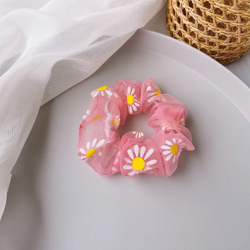 

1PC Cute Summer Chic Net Yarn Small Daisy Printed Hair Scrunchie For Girls Ponytail Holders Hair Bands Elastic Hair Accessories