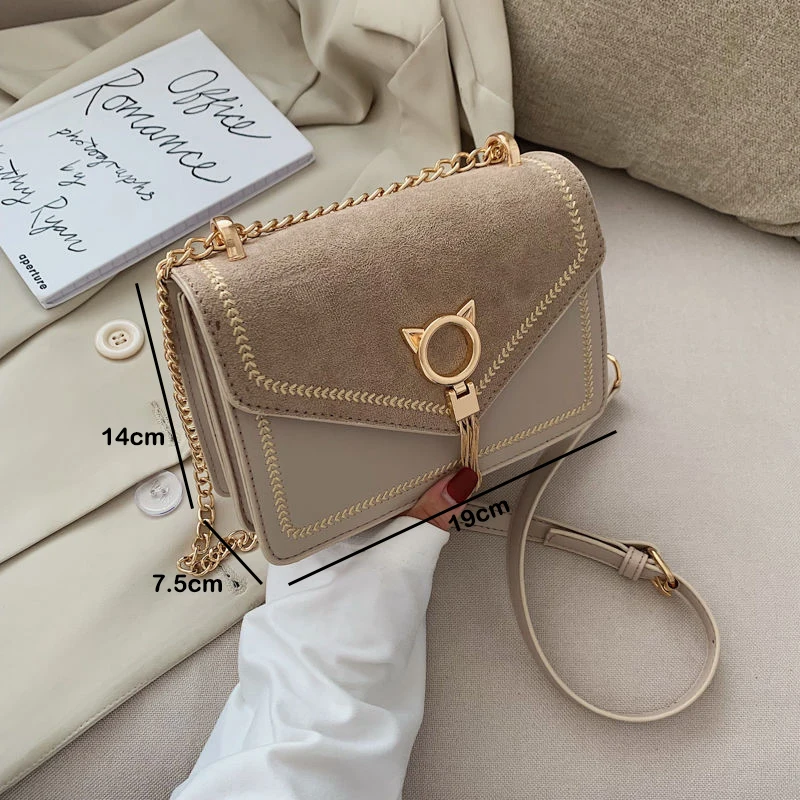 

Women Shoulder Bag Adjustable Shoulder Strap Chains Design Small Square PU Messenger Bag Fashion Cat Tassel Cover Crossbody Bag