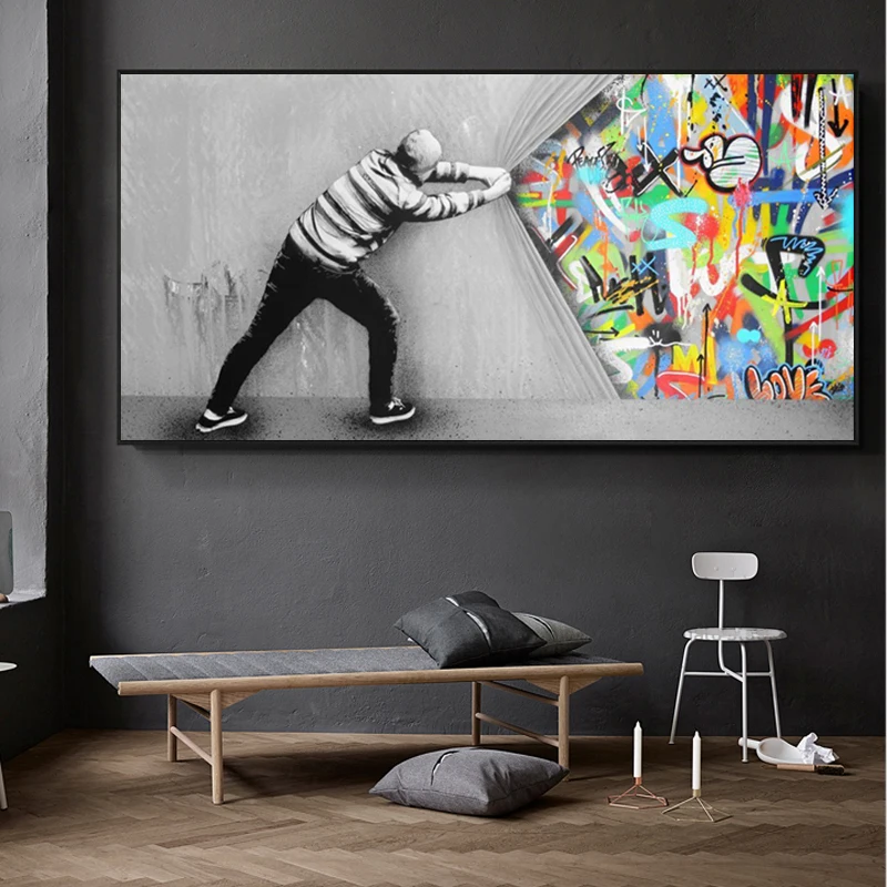 

Behind The Curtain Painting on Canvas Posters and Prints Street Graffiti Art Wall Art Picture for Living Room Cuadros Home Decor