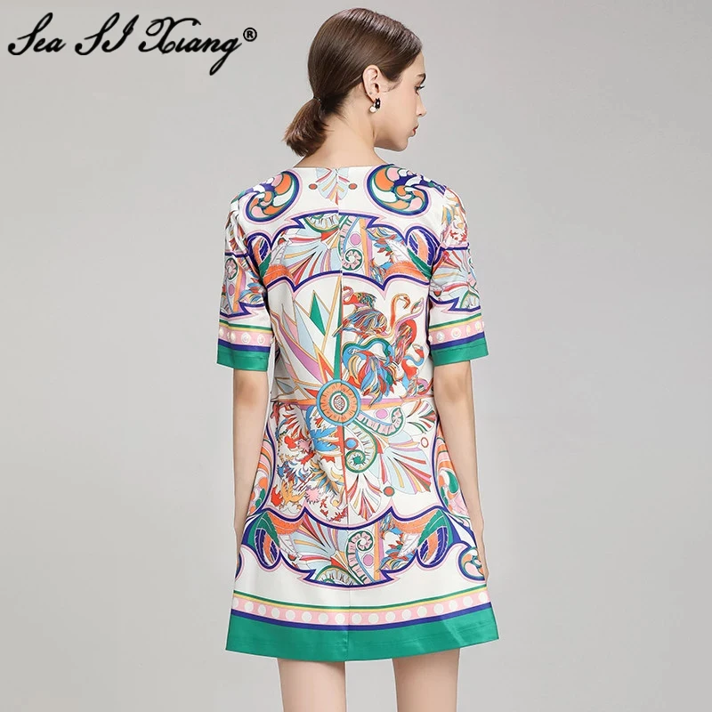 

Seasixiang Fashion Designer Summer Dress Women's O-Neck Short Sleeve Vintage Print Mini Dresses