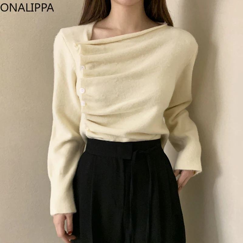 

Onalippa Women Cardigan 2021 Autumn Simple Side Single-Breasted Folds Design Loose Irregular Short Long-Sleeved Knitted Sweater