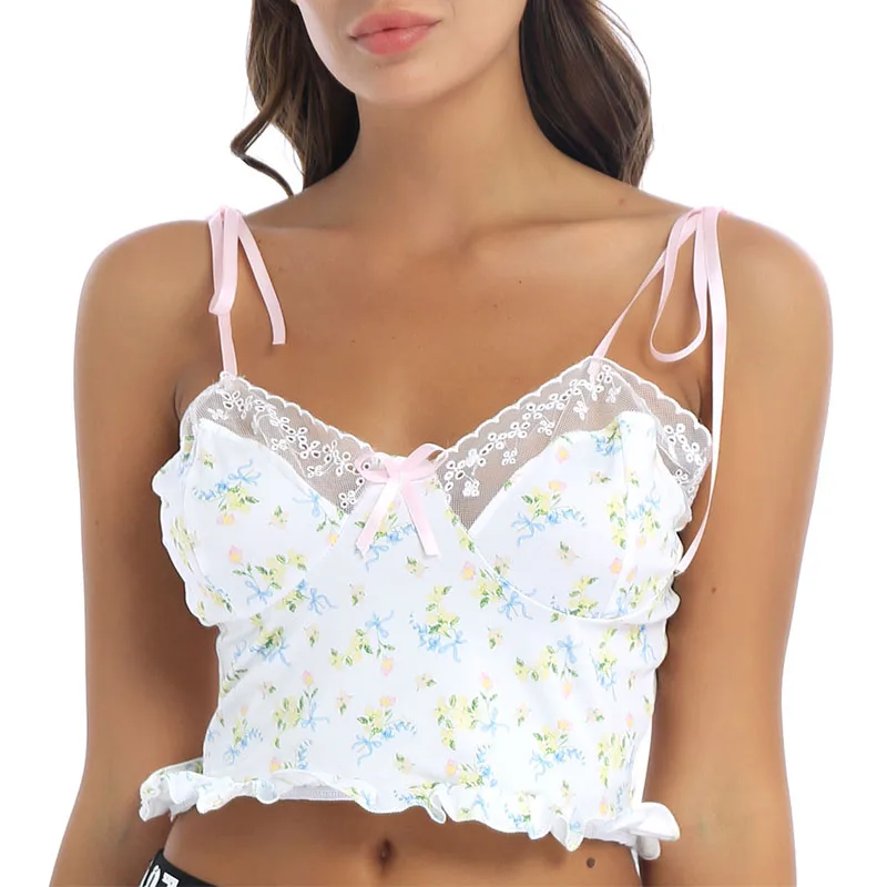 

Sweet Floral Lace Trim Bandage Camisole Sexy Corset Tops for Women Summer Y2k Crop Top Cottagecore Fairy Aesthetic Clothes Vest
