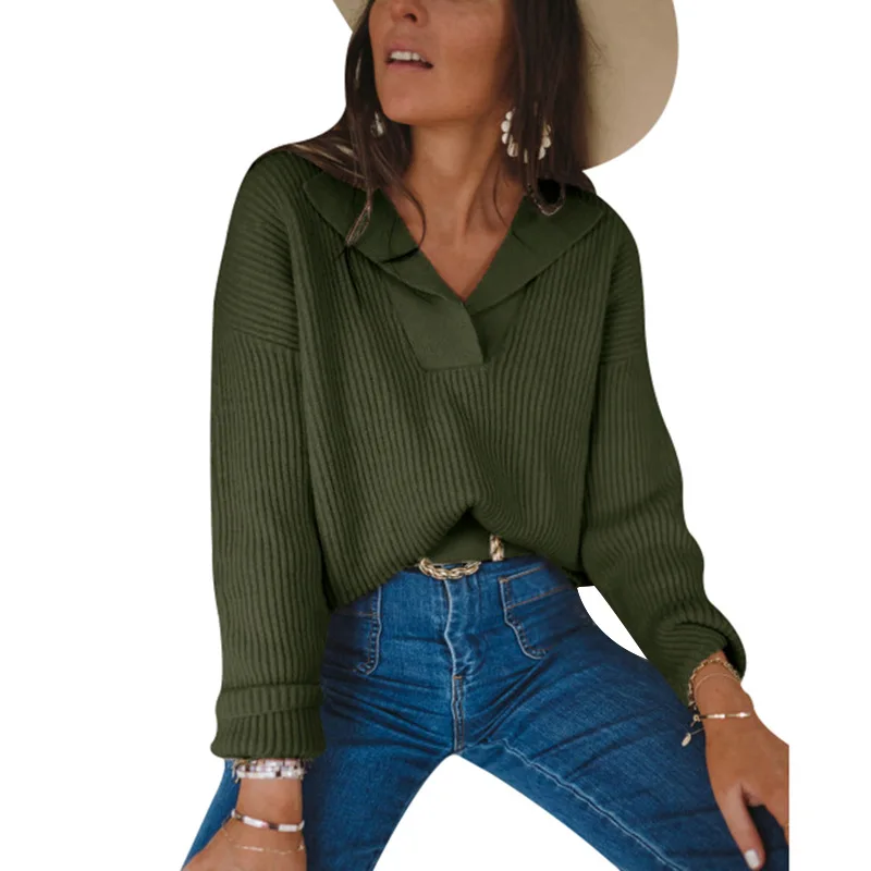 

Fashion Solid Knitted Sweaters Women Autumn Long Sleeve Turndown Collar Pullover Tops Ladies Loose Sweaters Casual Sweater
