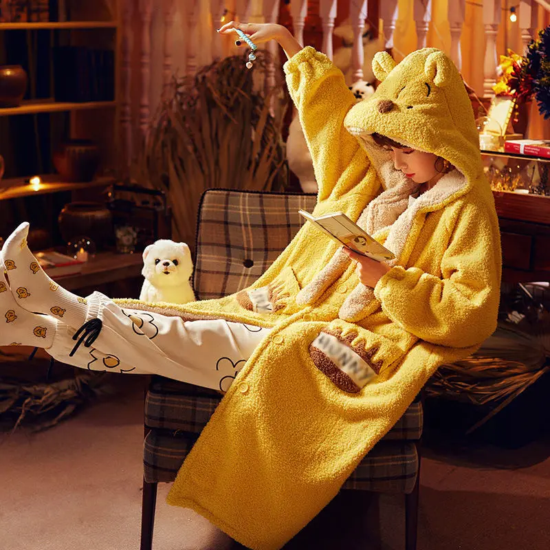 Pajamas Women's Autumn and Winter Thickening and Warming Long Bathrobe Home Wear Sleepwear Nightgown Cute Nightwear Pijamas Set