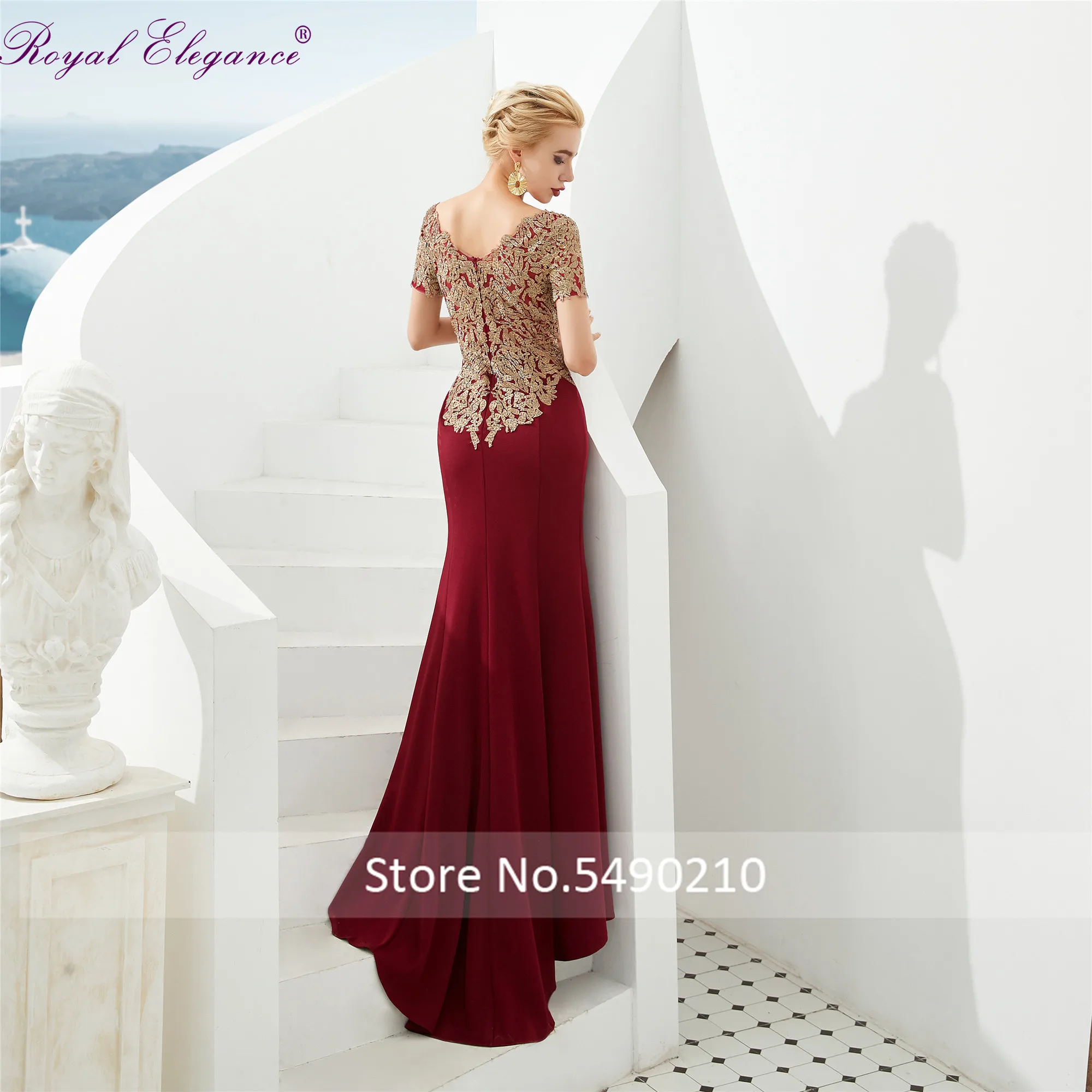 

Royal Elegance Short Sleeve Scoop Neckline Crepe Gold Lace Mermaid Evening Dress vestido de festa Elastic Prom dress