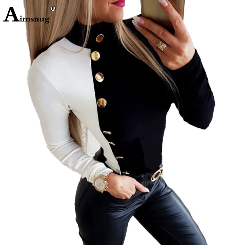 

Сексуальные Черно-белые женские топы Aimsnug, полувысокий воротник, длинный рукав, обтягивающая футболка на пуговицах, Новая повседневная женс...