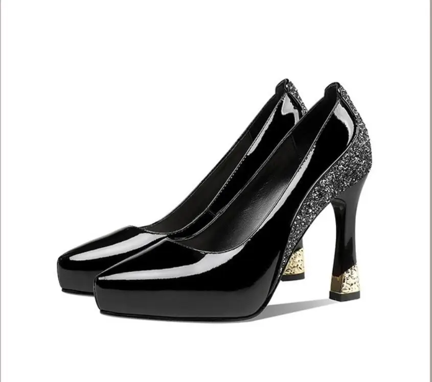 2021 autumn new ladies dress shoes high heels women's leather shoes thick heel pumps paint fashion toe black dark red wine