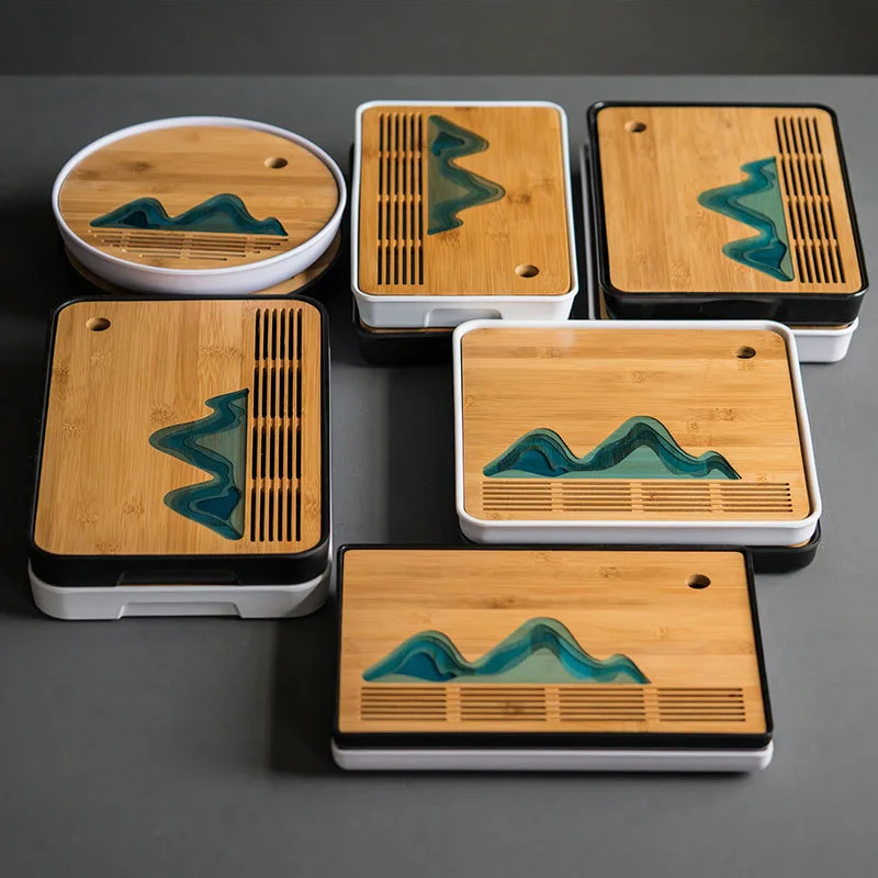 

Дорожный чайный поднос с китайским ландшафтом, бамбуковый портативный чайный поднос, дренажный поднос для хранения воды, семейный ящик, сто...