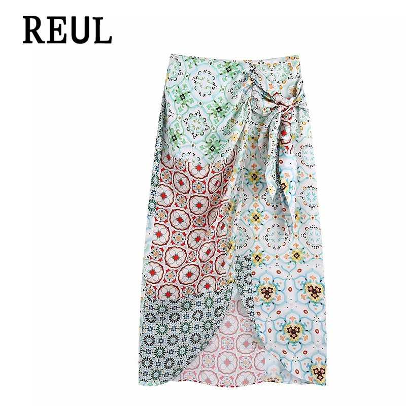 

REUL Za 2021 Summer Women Chic Fashion With Knot Wrap Print Midi Skirt Vintage High Waist Asymmetric Female Skirts Faldas Mujer