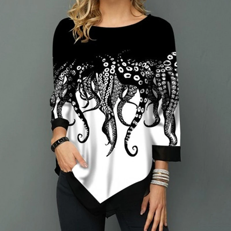 Новые осенние женские топы с модным цветочным принтом и асимметричным подолом