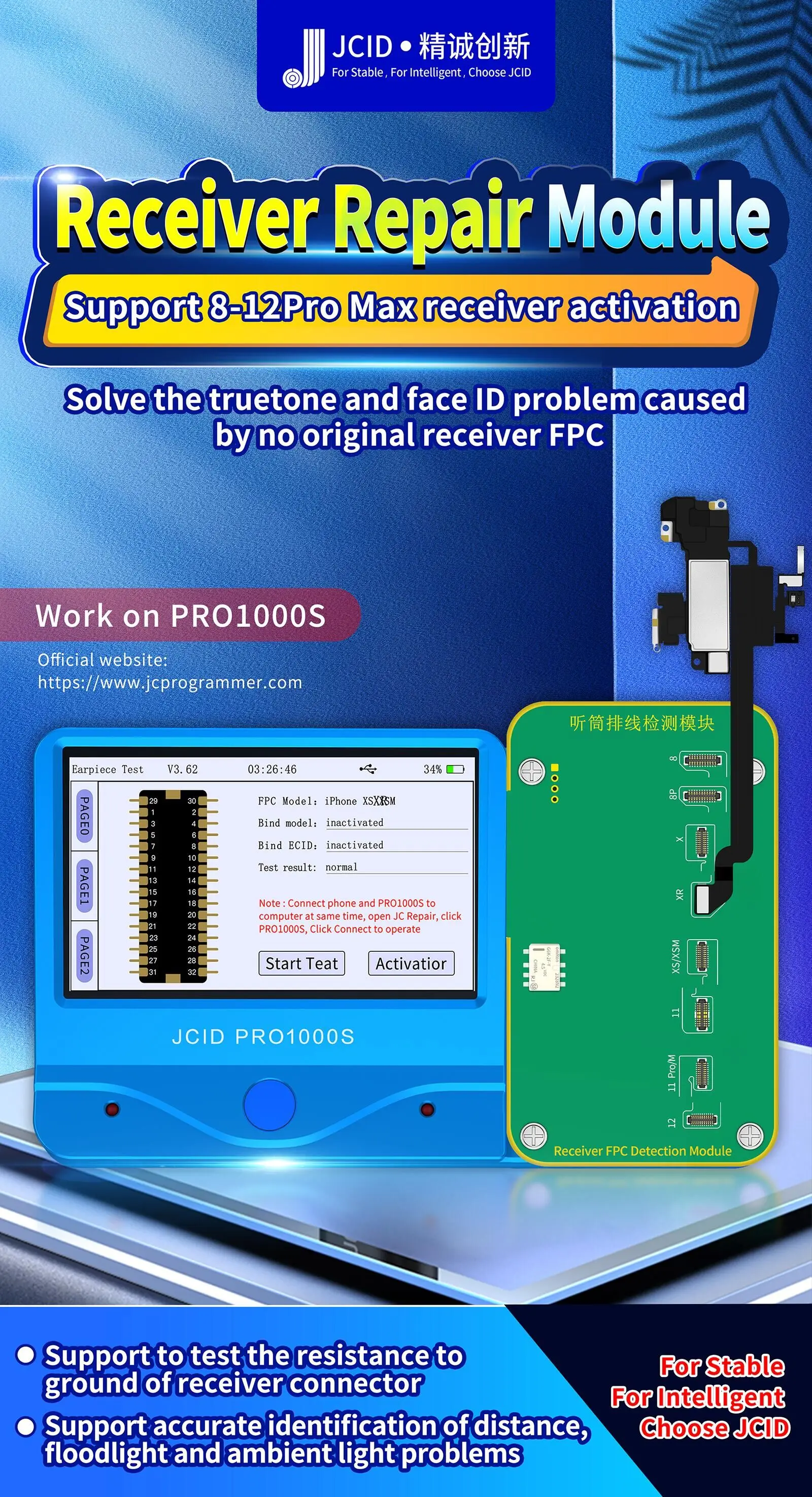 

JC V1S Pro Receiver FPC Earpiece Flex Cable Detection Earpiece Module For iPhone 8-11promax True Tone Face ID Repair Programmer