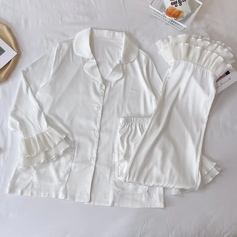 

Pajamas Women's Spring Summer Long-Sleeve Pure White Ice Bell Sleeve Autumn and Winter Thin Suit Simple Artificial Silk