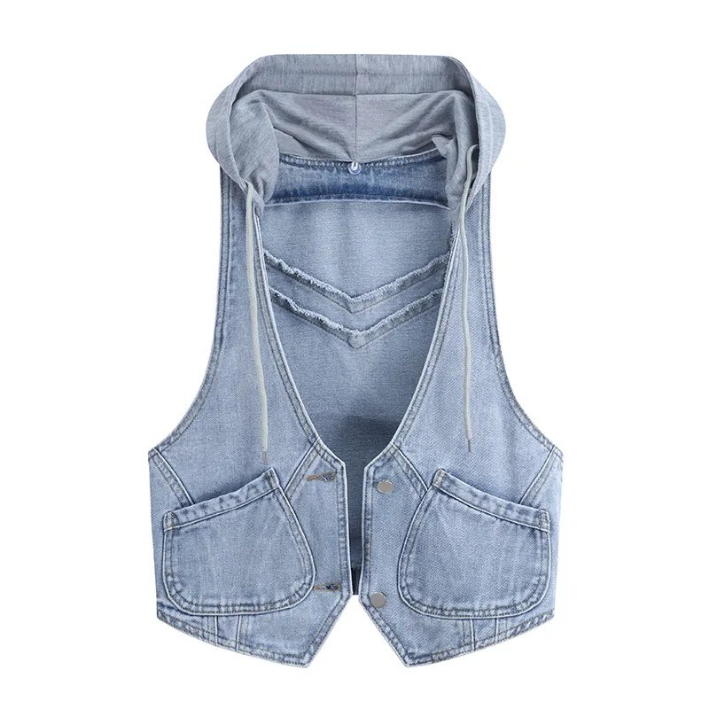 

Hooded Denim Vest Women With Pokcet Fall Clothes 2021 Trends Fashion Plus Size Light Blue Jeans Jackets Sleeveless V Neck Coat