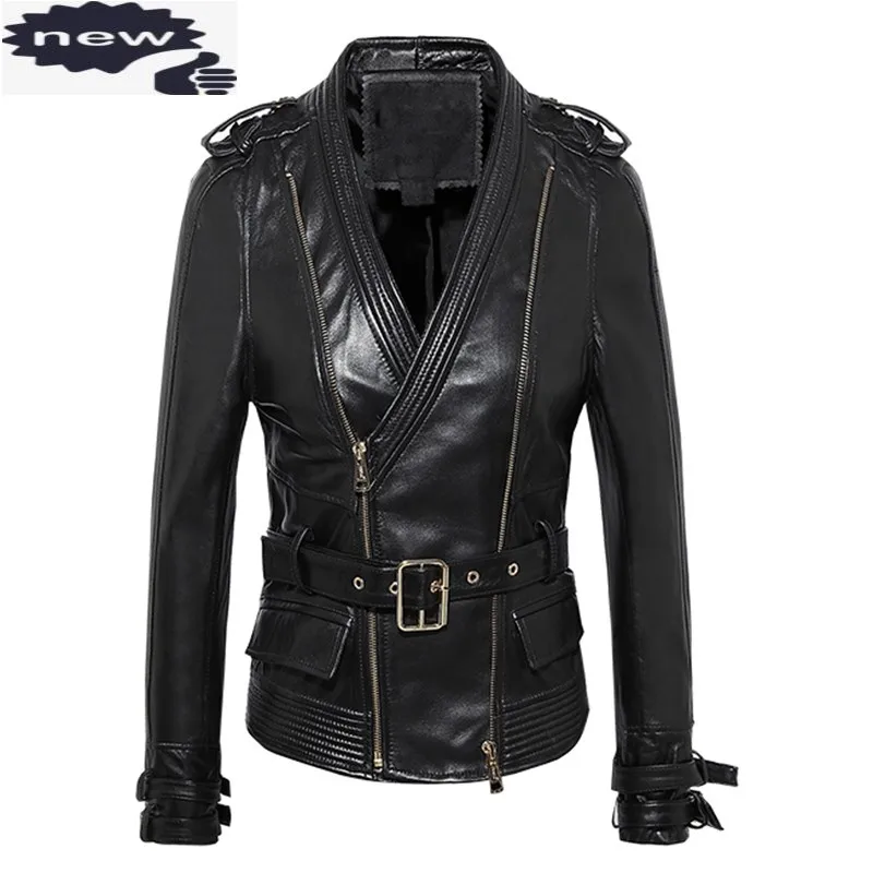 

Spring Women Sheepskin Genuine Buckle Belted Slim Fit Punk Ladies V Neck Leather Coat Plus Size Moto Biker Jacket