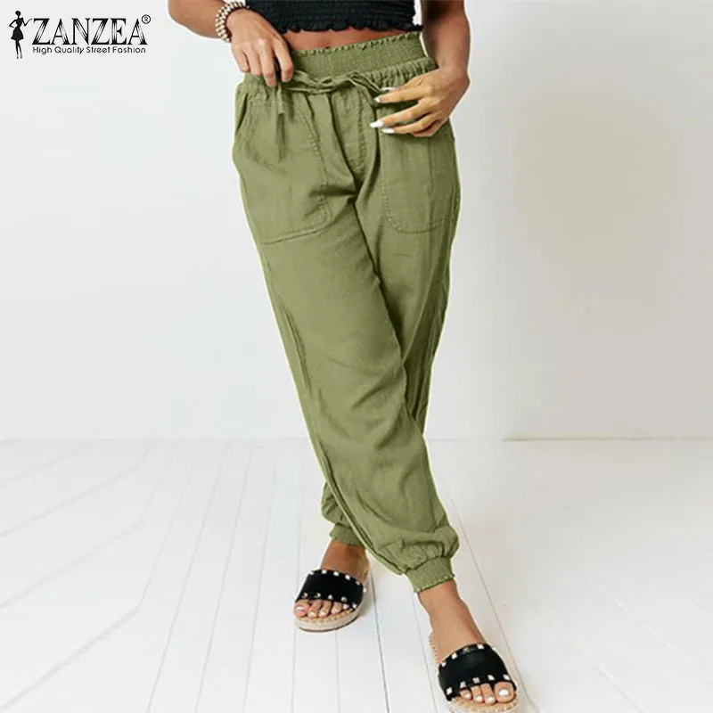

Брюки ZANZEA женские хлопково-льняные с широкими штанинами, винтажные повседневные однотонные брюки оверсайз с эластичным поясом, лето 2021