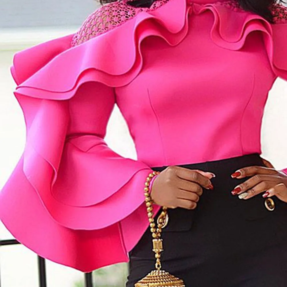 

Women Blouse Fashion African Ruffles Sleeve Elegant Blouses Falbala Patchwork Hollow Female Tops Party Office Lady 2021 Spring