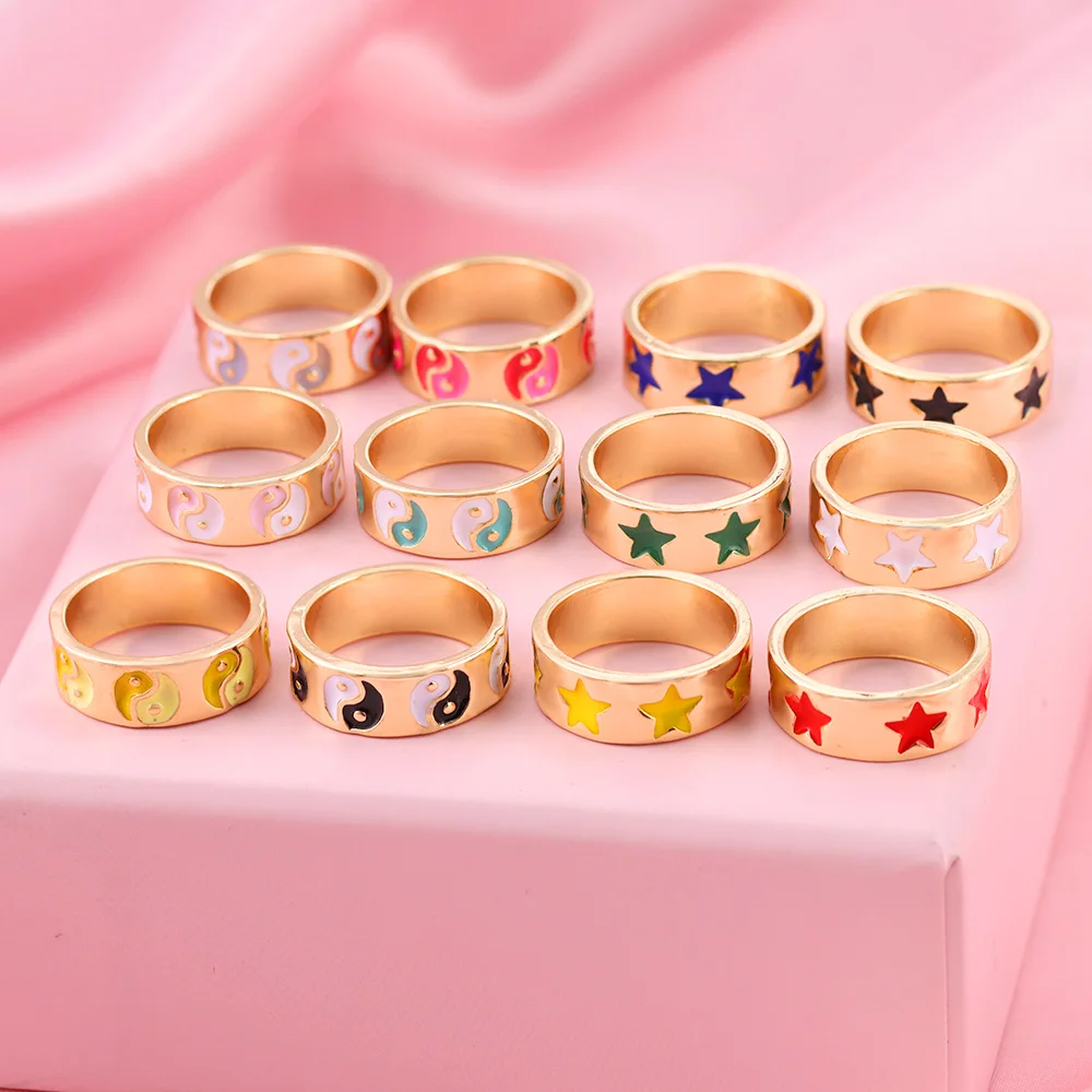 

JUST FEEL INS Fashion Cute Star Flower Finger Rings Colorful Enamel Smiley Face Heart Rings For Women Wedding Party Jewelry Gift