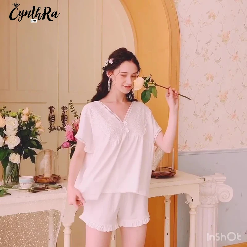 CYNTHRA/Хлопковая пижама с короткими рукавами Костюм Женские летние шорты в стиле