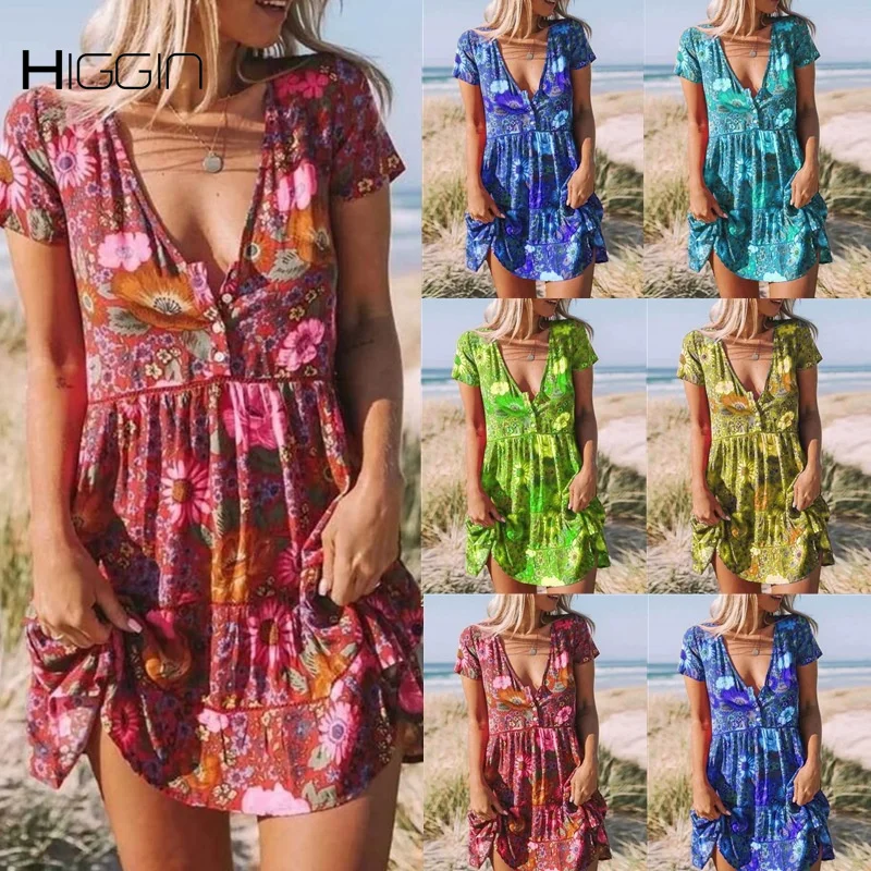 

Summer Women Clothing Floral Print Oversized Retro Casual Dress Femme Mid Dress Short Sleeve Deep-V A-Line Dress Streetwear