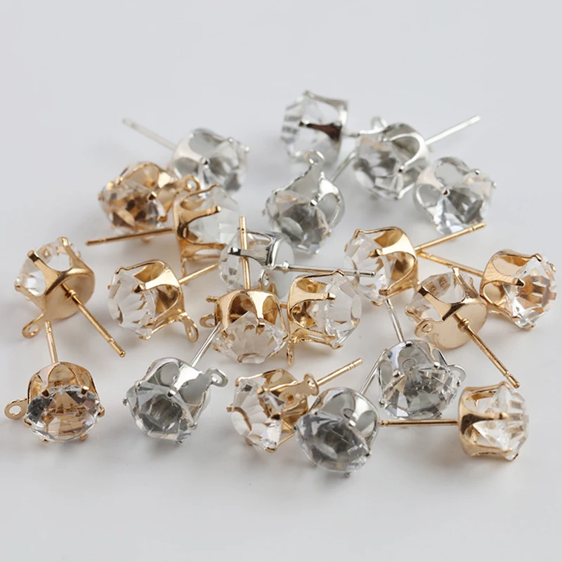 

20pcs 6mm 8mm Gold Steel Color Stud Earring Zircon Crystal Settings With Hole Ear Stud For DIY Making Women Earrings Accessories