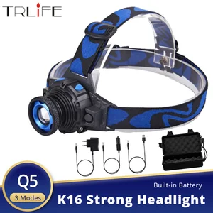8000LMs светодиодный налобный фонарь, водонепроницаемая перезаряжаемая фара Q5 с поворотным зумом, 3 режима, налобный фонарь, встроенный литиевый аккумулятор + зарядное устройство
